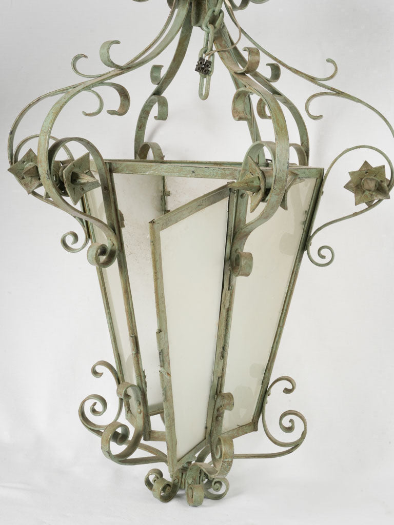 Large antique French lantern w/ green patina 30¼"