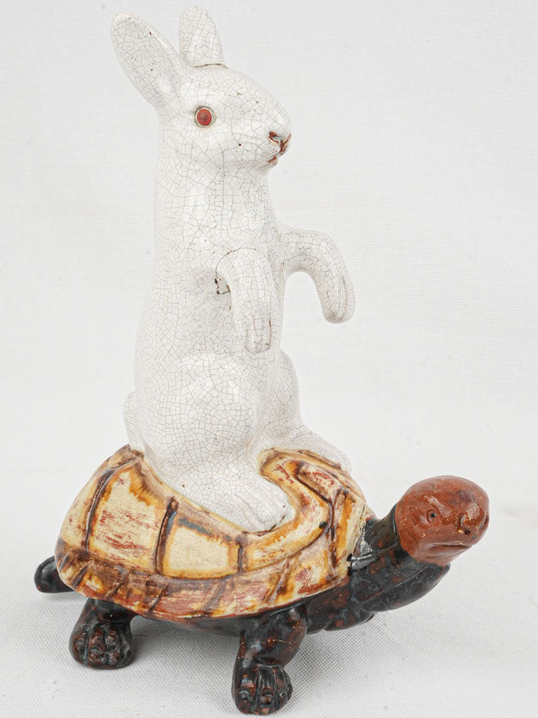 Whimsical, playful ceramic rabbit sculpture