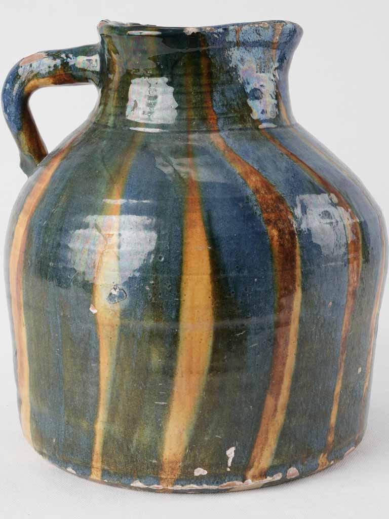 Large antique French pitcher w/ blue glaze & ocher stripes 11½"