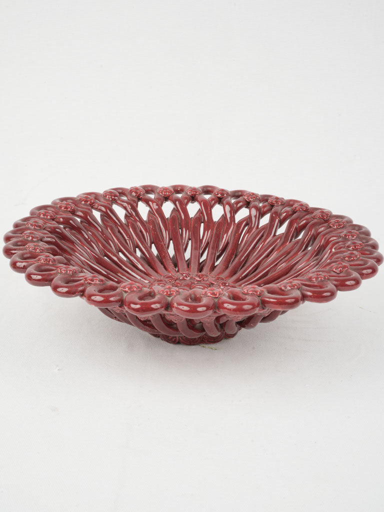 1960s Burgundy Red Openwork Ceramic Fruit Bowl, 14¼"