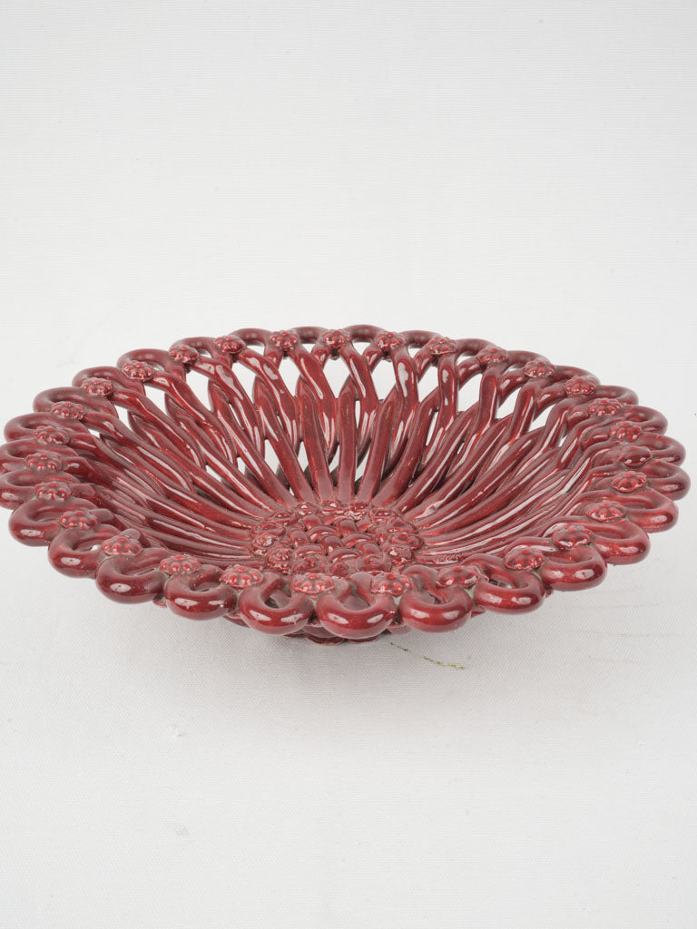 1960s Burgundy Red Openwork Ceramic Fruit Bowl, 14¼"