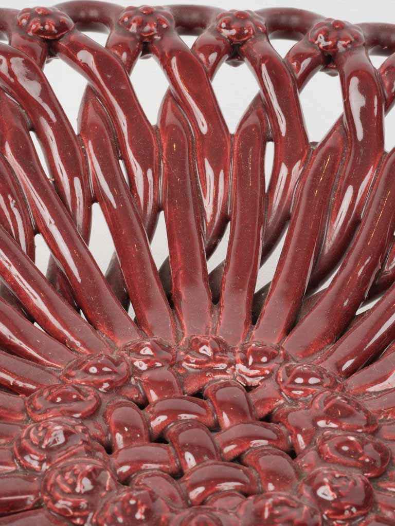 1960s Burgundy Red Openwork Ceramic Fruit Bowl, 14¼"