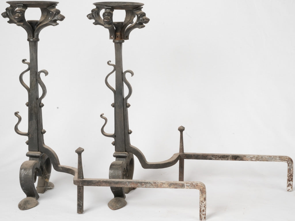 Ornamental chimera head fireplace andirons