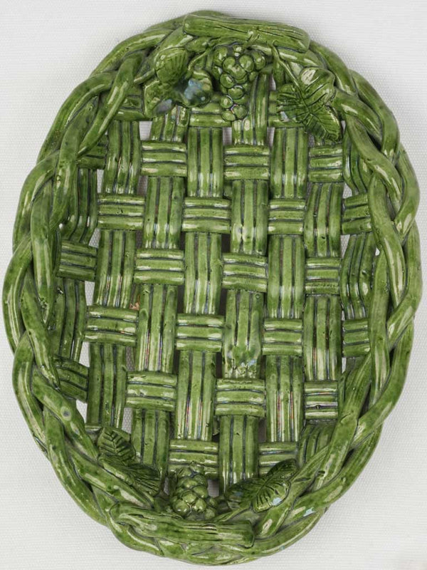 Medium-Sized Vallauris Green Ceramic Fruit Bowl w/ Woven Design, 12½"