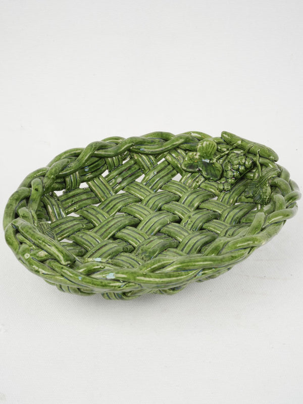 Medium-Sized Vallauris Green Ceramic Fruit Bowl w/ Woven Design, 12½"