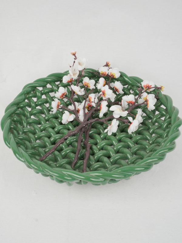 Large Vintage Green Ceramic Woven Bowl, Vallauris, 17"