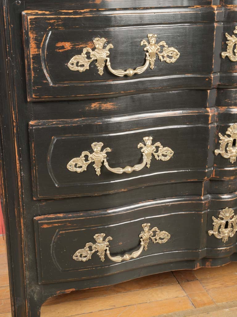 Antique serpentine commode, bronze fittings  