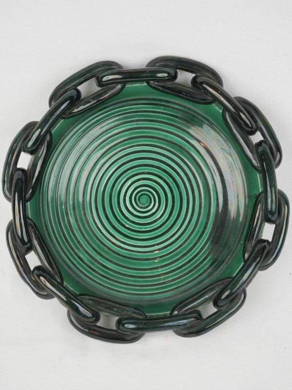 Mid-Century Vallauris Bowl Green w/ Black Chain-Link Rim, 11¾"