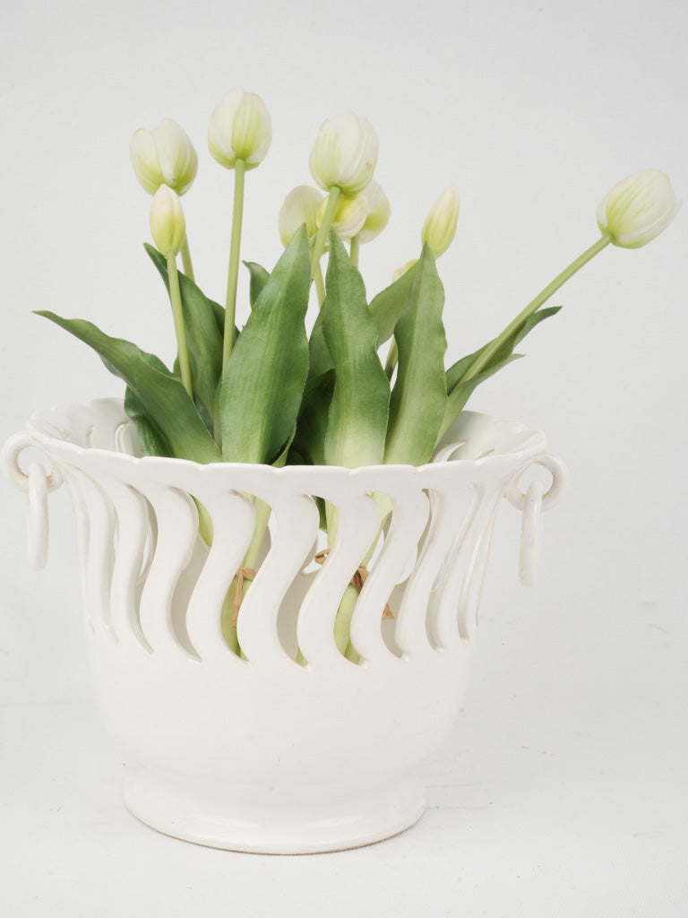 Vintage White Ceramic Cachepot with Wavy Design