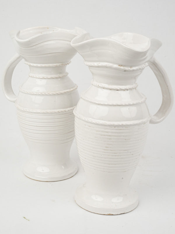 Pair of Early 20th Century Émile Tessier White Ceramic Pitchers, 13"