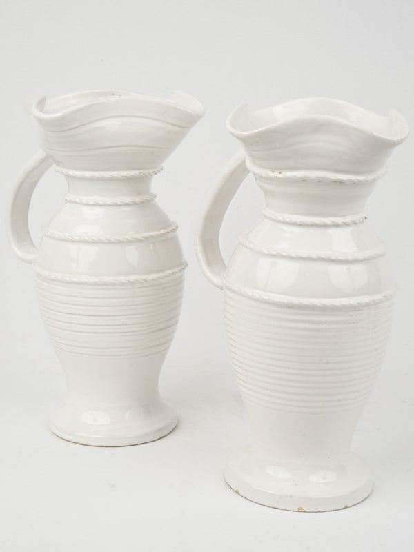 Pair of Early 20th Century Émile Tessier White Ceramic Pitchers, 13"