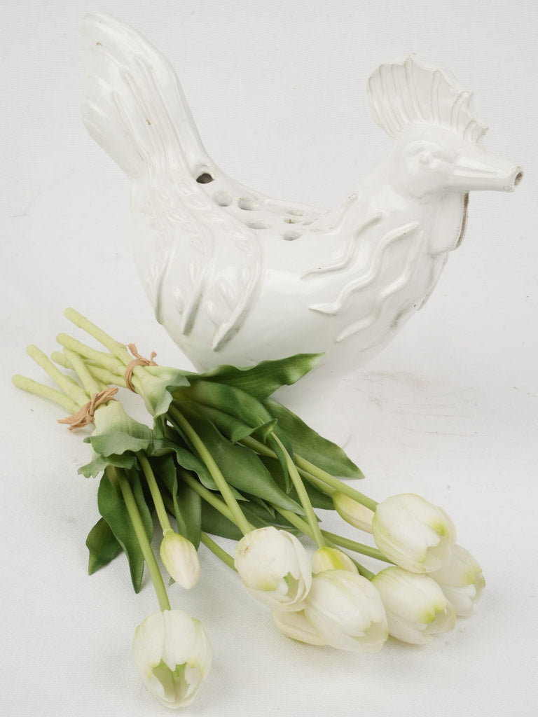 Whimsical, elegant white glazed flower rooster