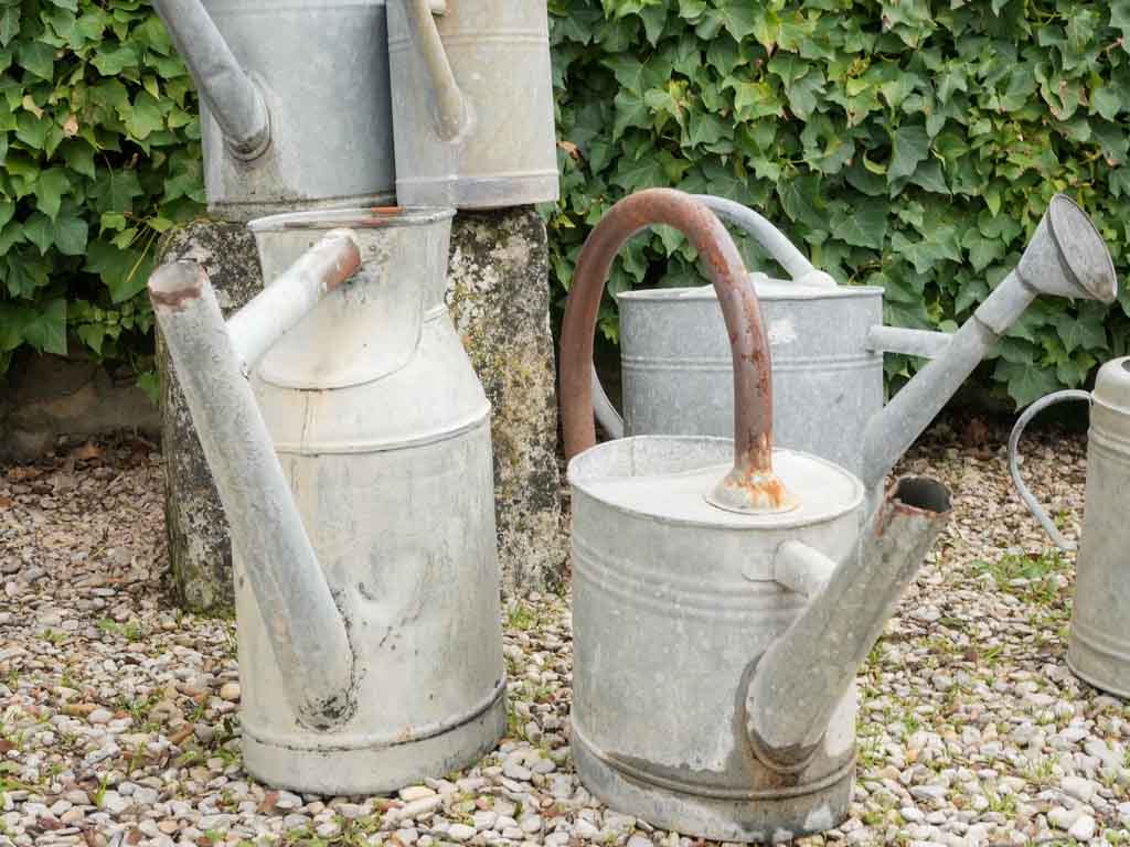 Patina-rich antique zinc watering pots