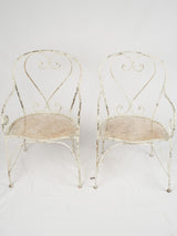 Pair of Antique French Wrought Iron Garden Armchairs w/ Heart Backs & Mesh Seats