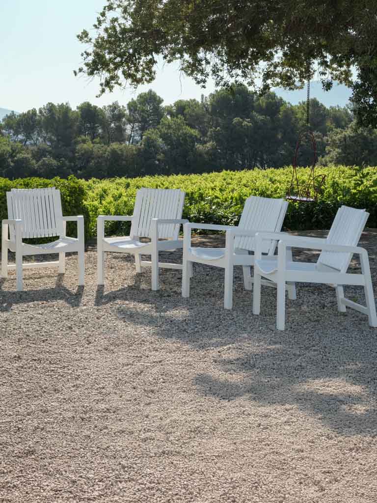 Vintage white wooden slatted armchairs