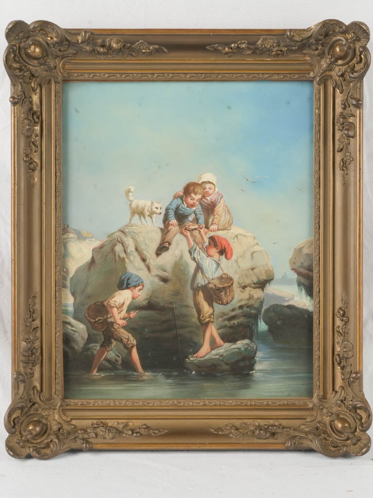 Antique gilt-framed seaside painting