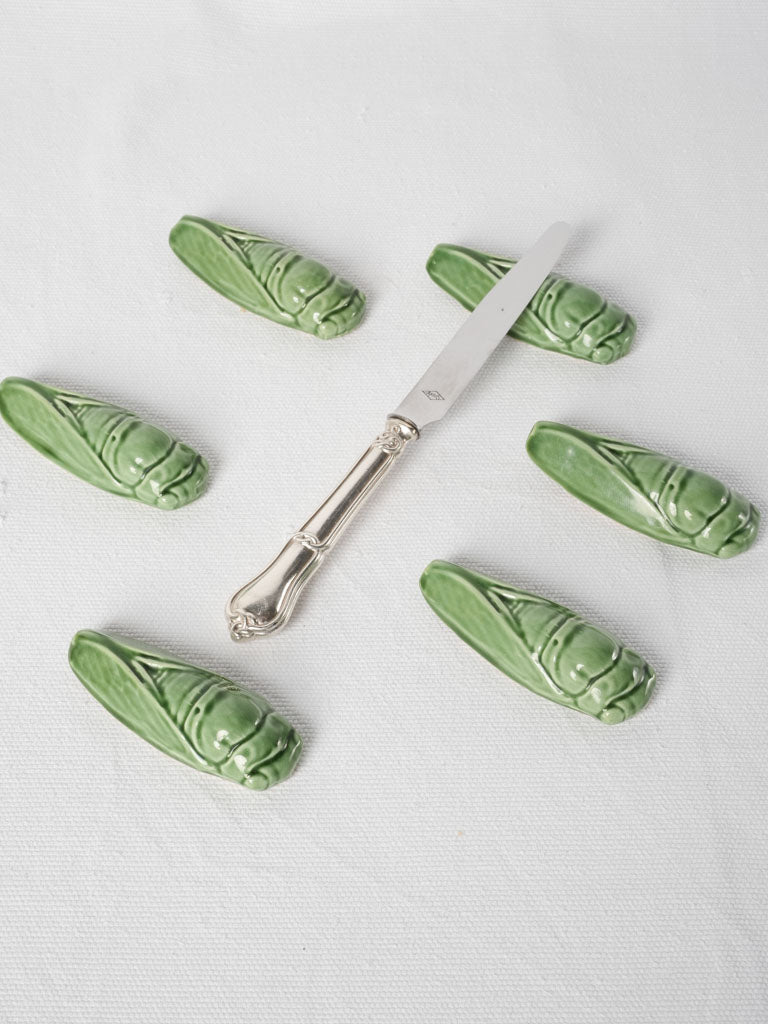 Vintage green ceramic cicada knife rests