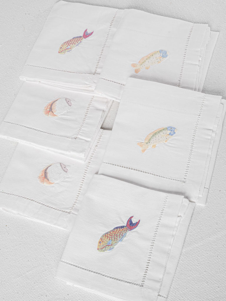 French, vintage, hemstitched napkins with fish embroidery