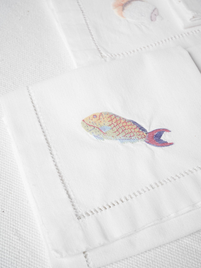 White, coastal-themed, embroidered fish napkins