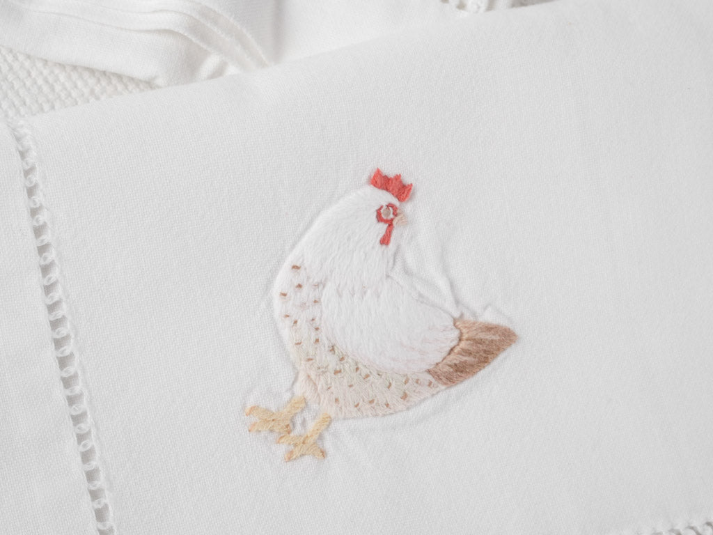 Handcrafted hemstitched vintage hen napkins