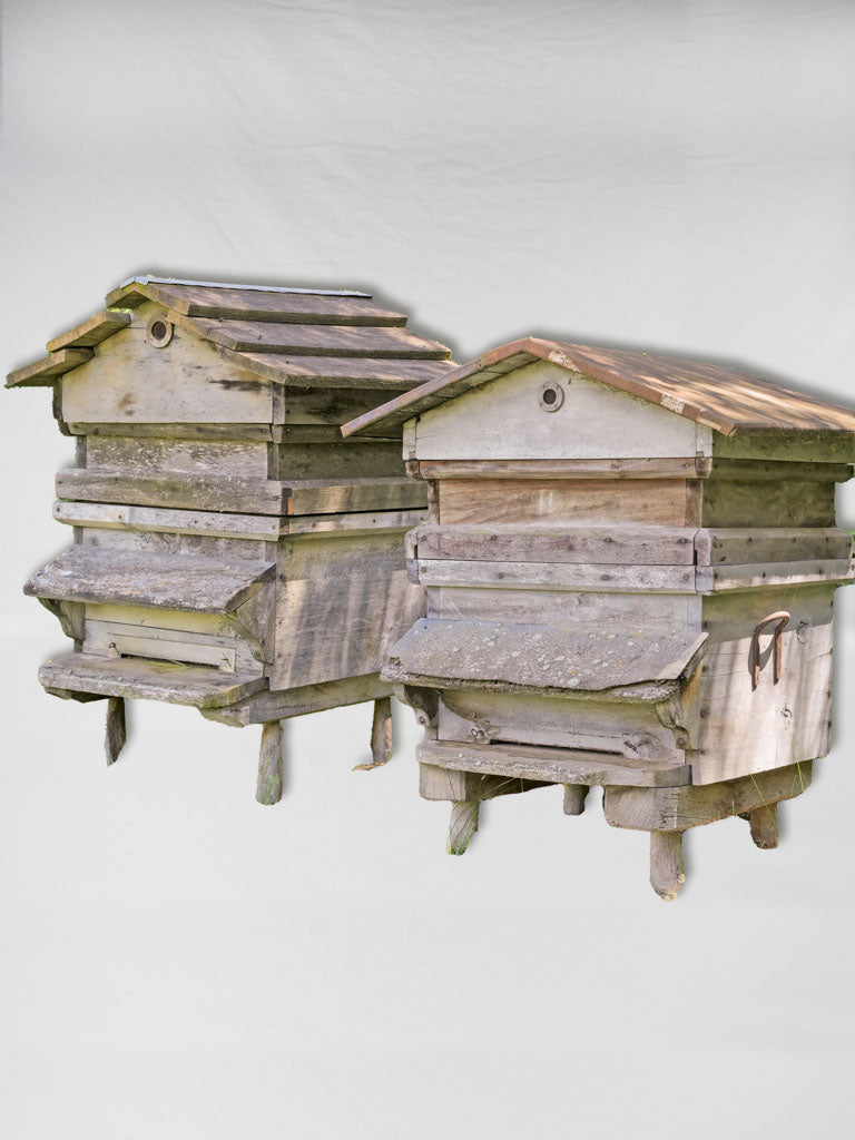 Weathered, aged, wooden French beehives