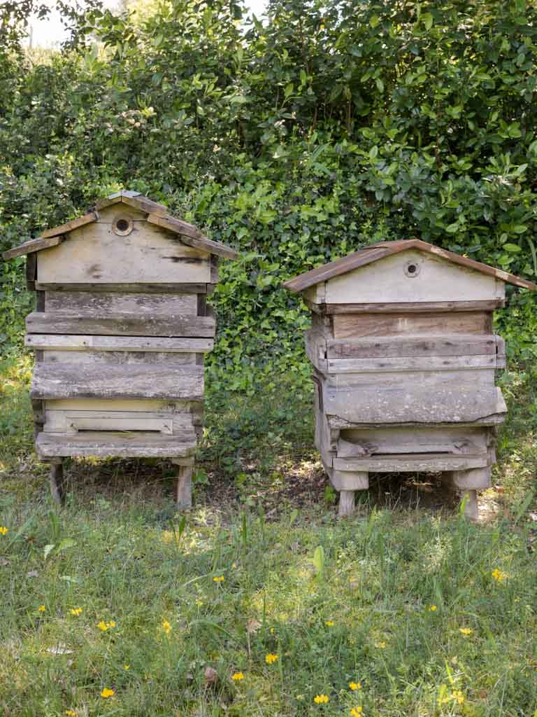 Classic, antiquated, wooden French beehives