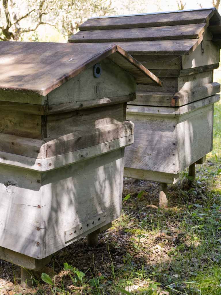 Authentic, aged, wooden French beehives