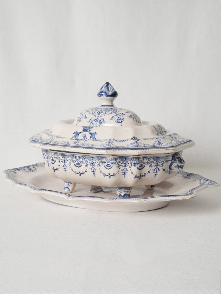 Vintage Moustier Blue Earthenware Tureen