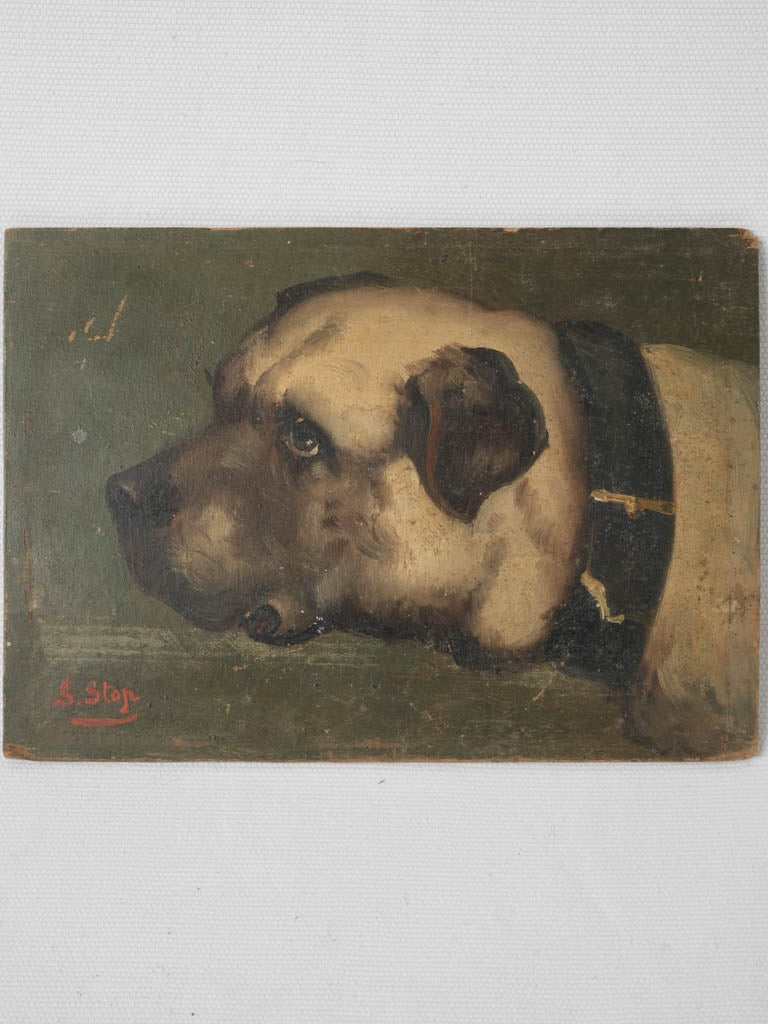 Antique oil portrait guard dog painting