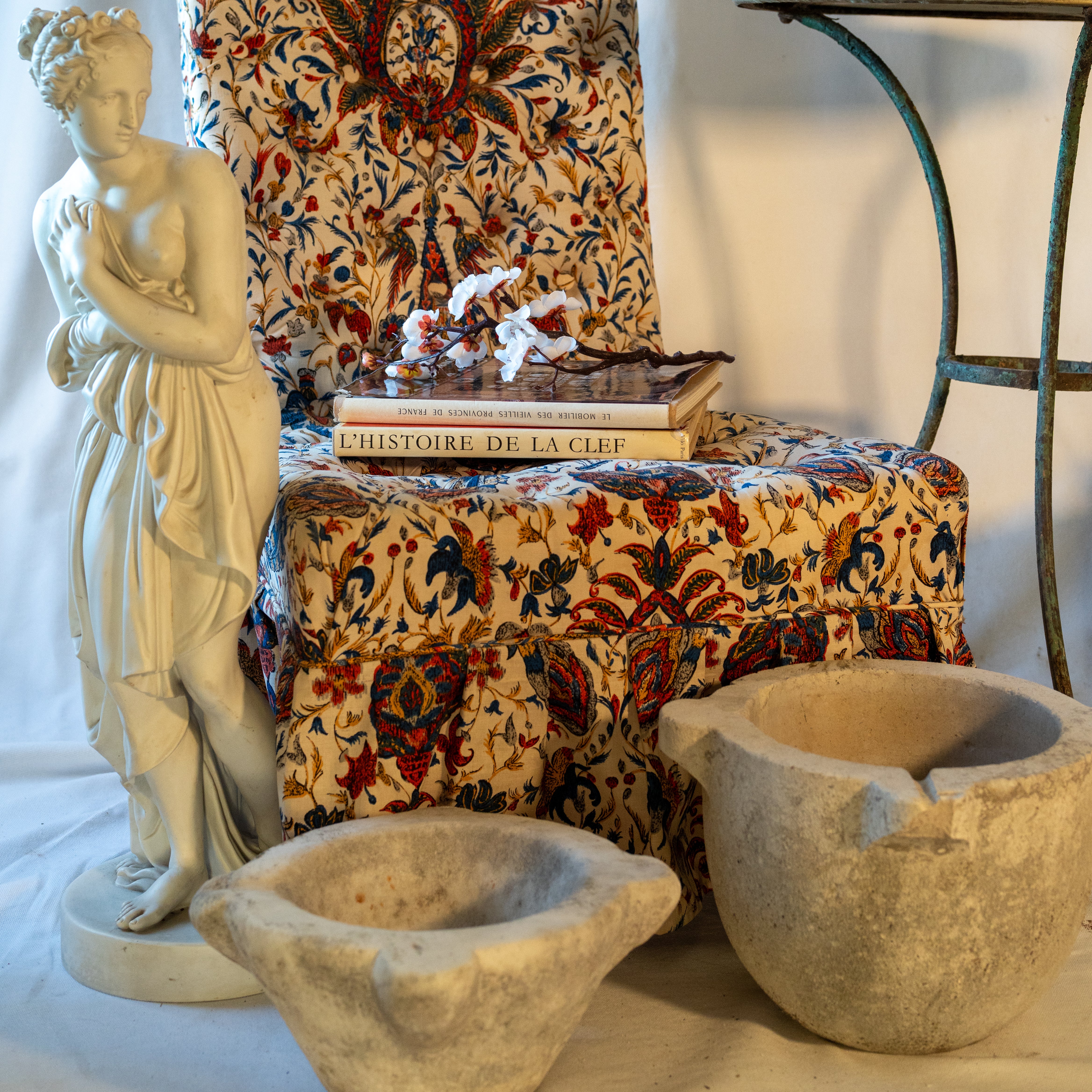 Aged white marble kitchen centerpiece