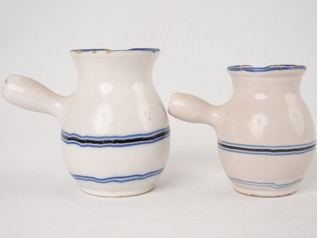 Two small milk pitchers with blue & white stripes - Martres Tolosane 4¼"