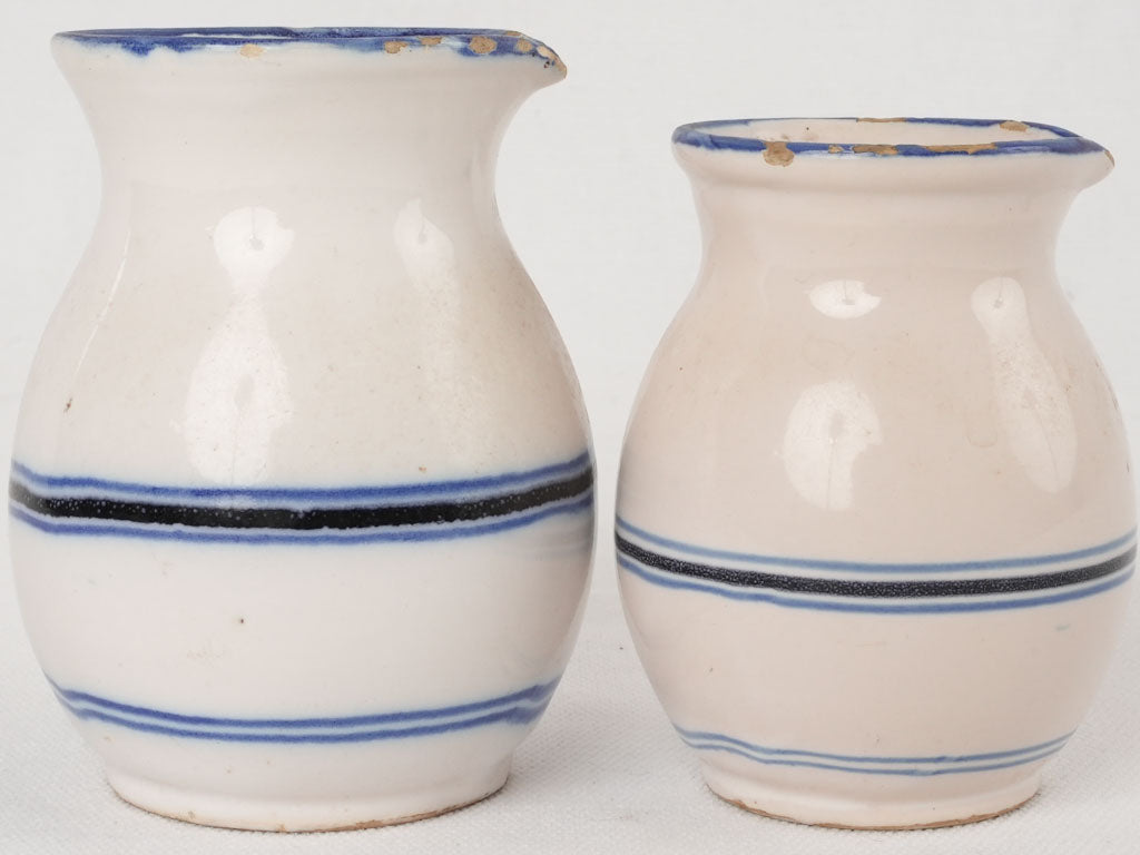 Two small milk pitchers with blue & white stripes - Martres Tolosane 4¼"