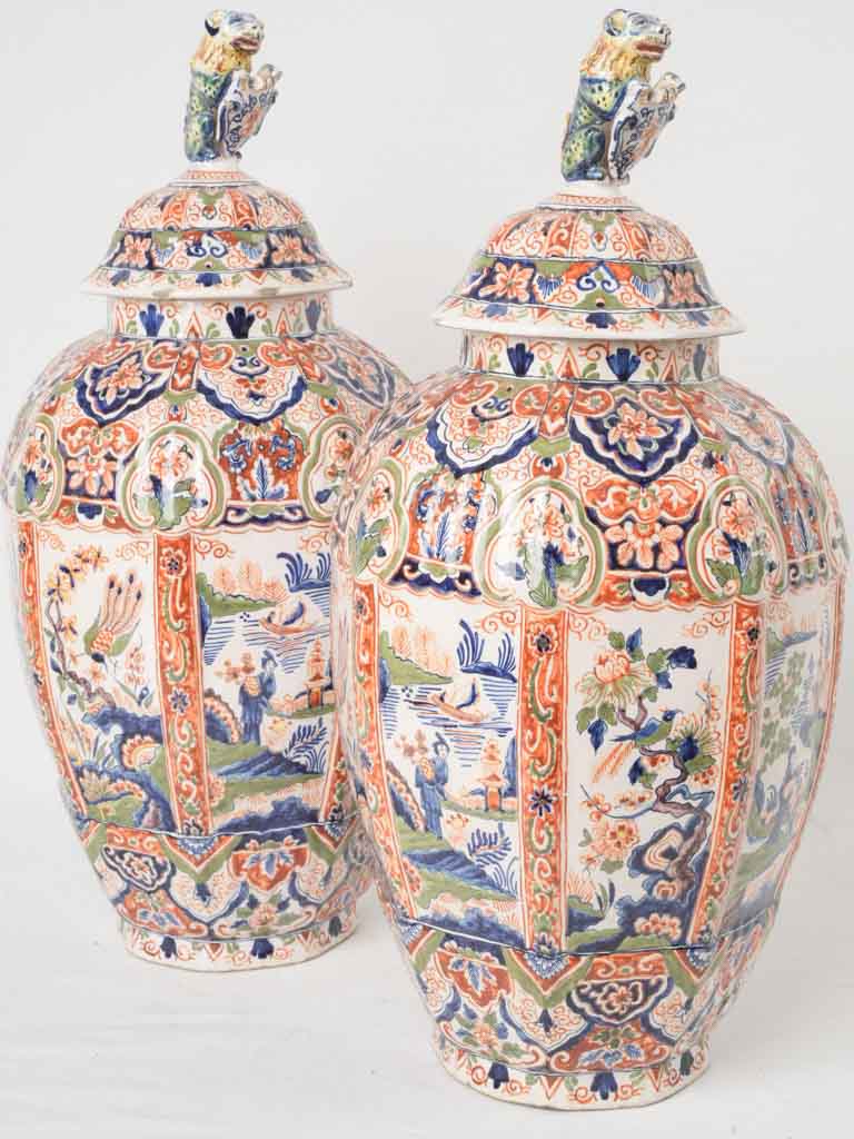 Antique vibrant Delft faience lidded pots  