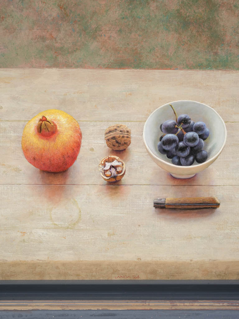 Meticulously detailed pomegranate, walnut painting.