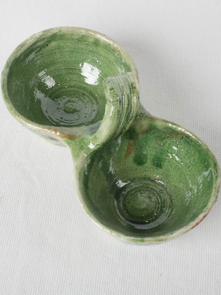 Custom, artisan-crafted, green-glazed twin bowl