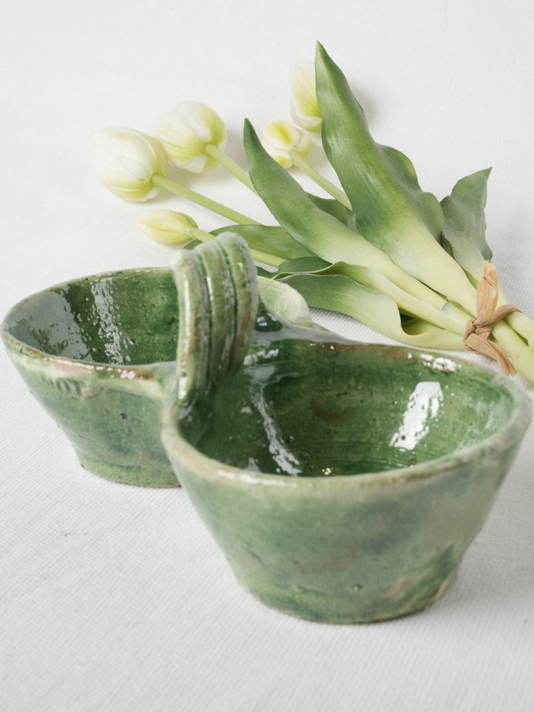 Handmade, vibrant, green-glazed condiment bowls