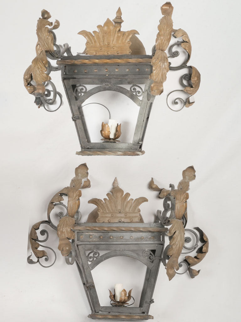 Pair of 19th-Century French Gilt Wrought Iron Wall Sconces w/ Lantern Shape