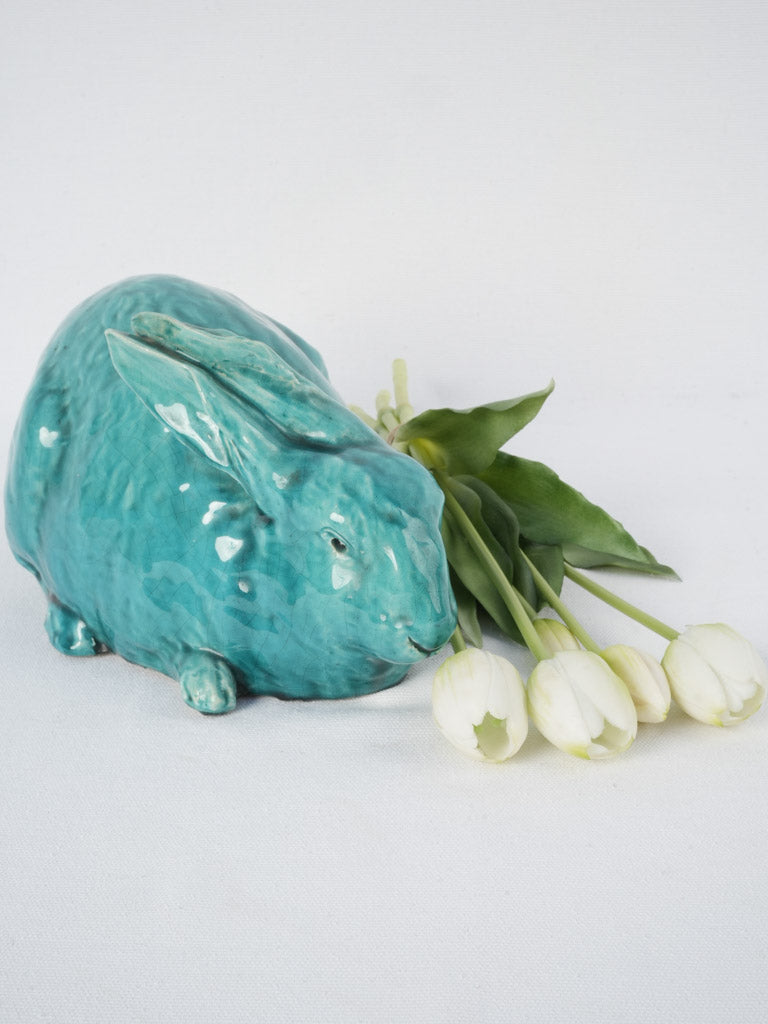 Vintage turquoise ceramic rabbit figure