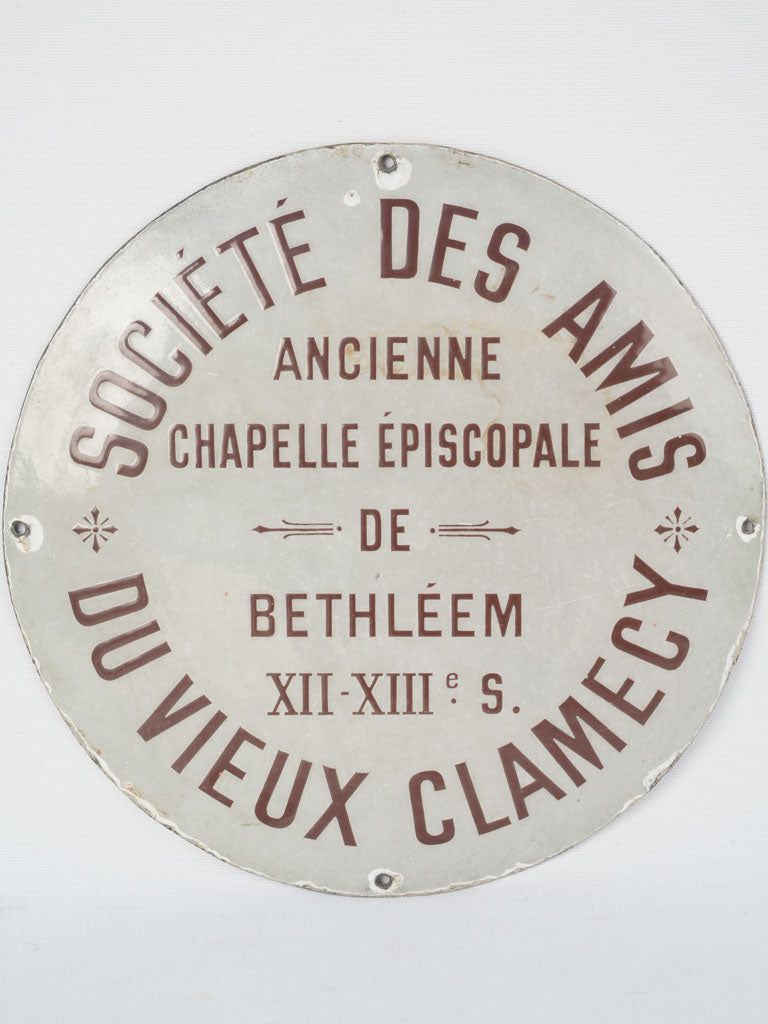 Antique French round enamel chapel sign