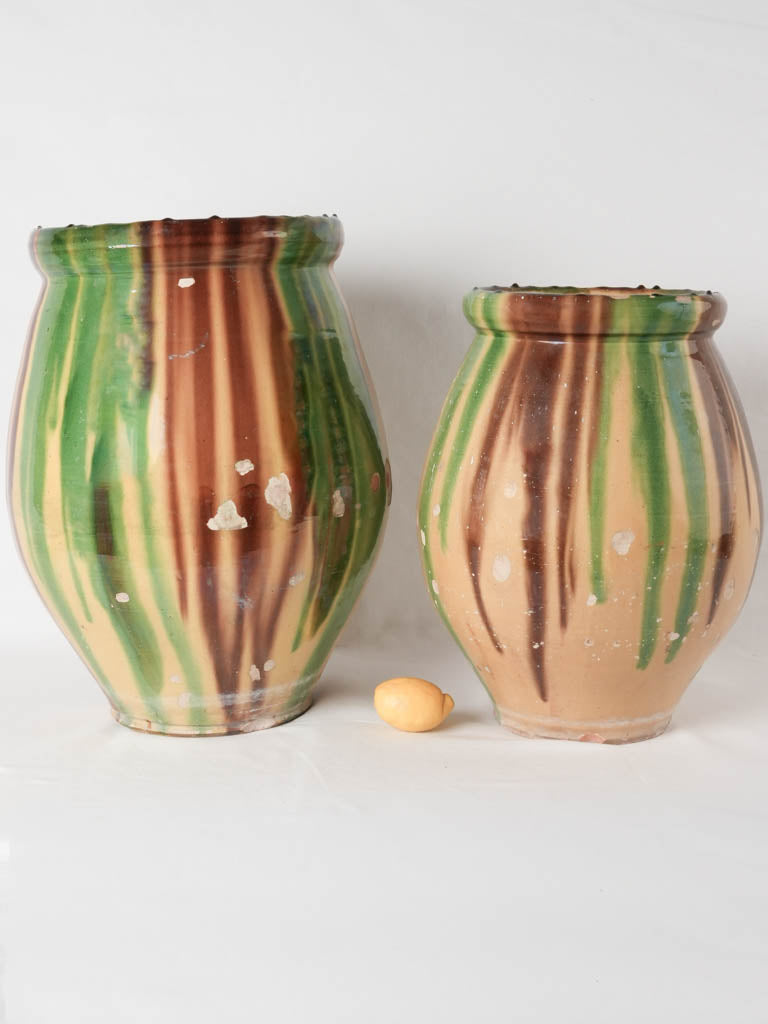 2 large yellow green & brown glazed planters 20¾"