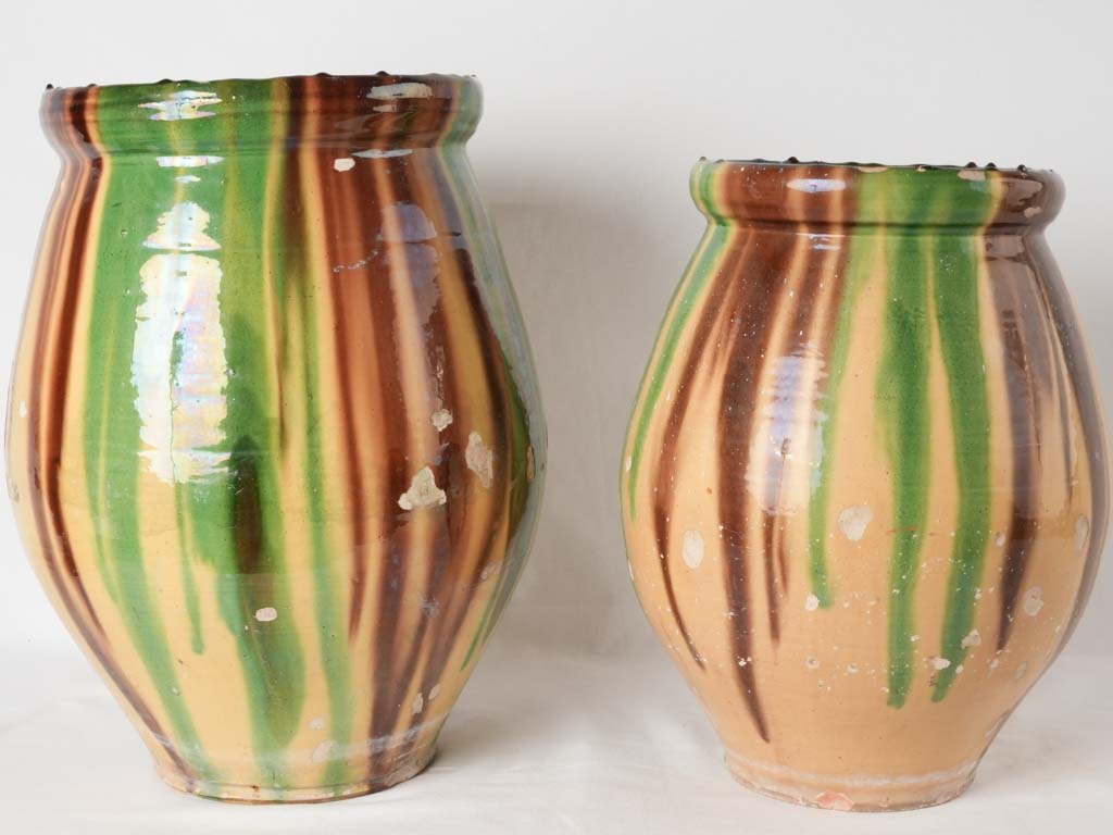 2 large yellow green & brown glazed planters 20¾"