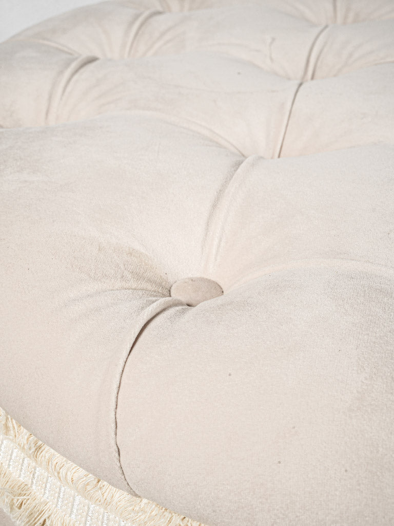 Beige velour fringed vintage pouf