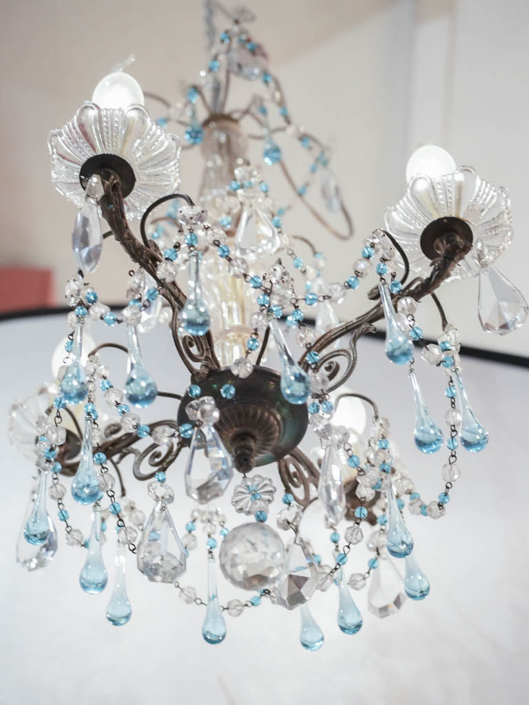 Splendid antique chandelier with blue pendants