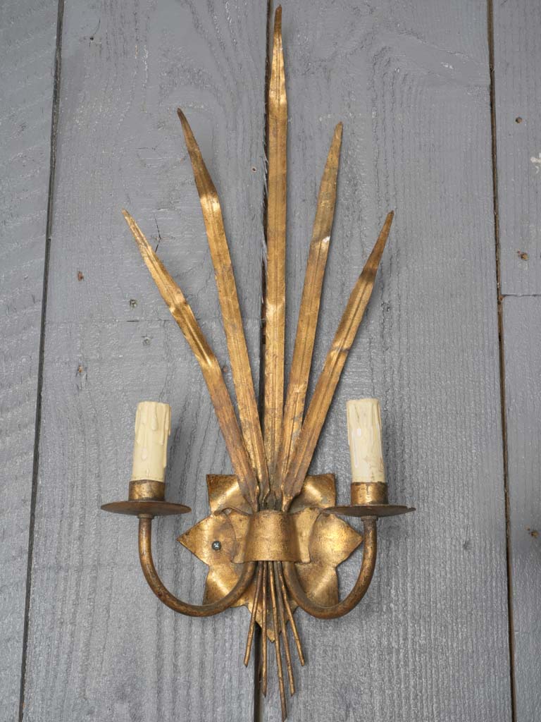 Vintage pair of two-light wall sconces w/ gilded reeds