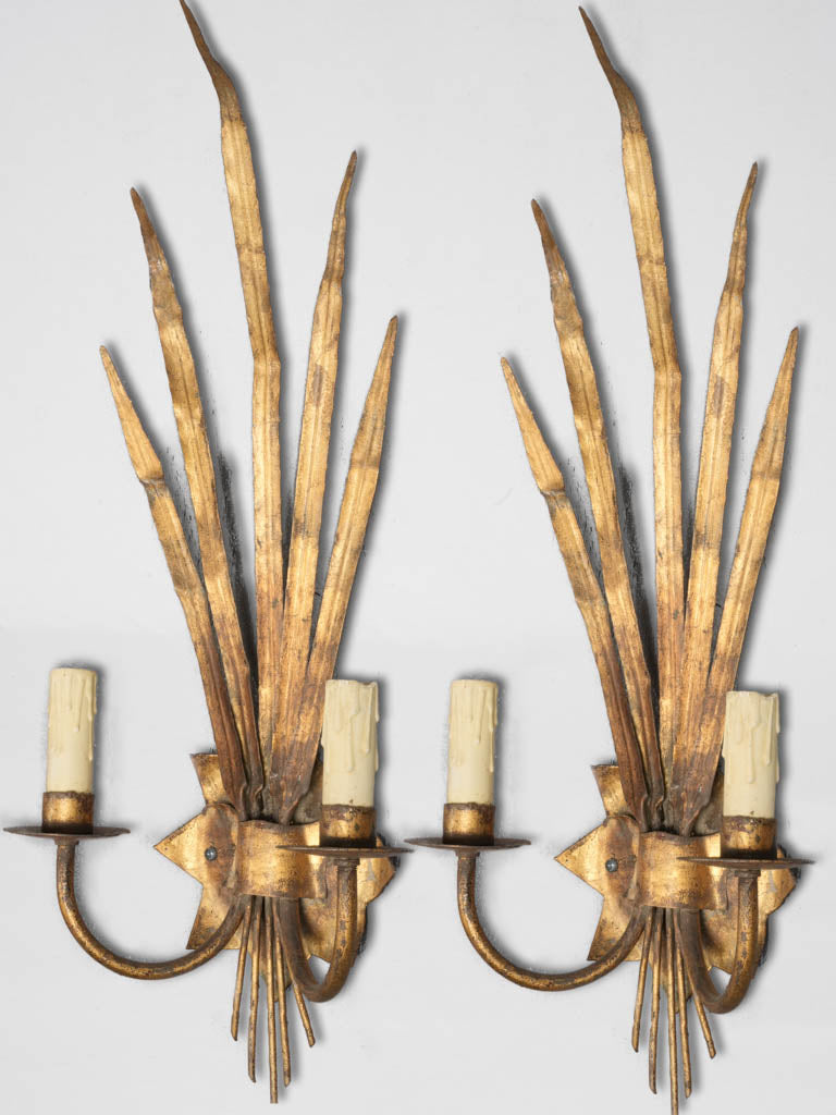 Vintage pair of two-light wall sconces w/ gilded reeds