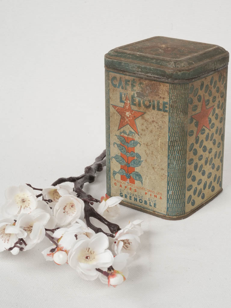 Timeworn patina coffee storage tin  