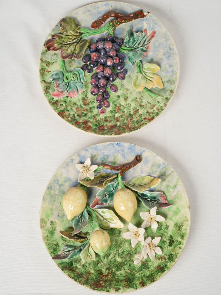 Pair of Antique Sculptural Majolica Fruit Wall Plates By Longchamp, Grapes & Lemons - 13"