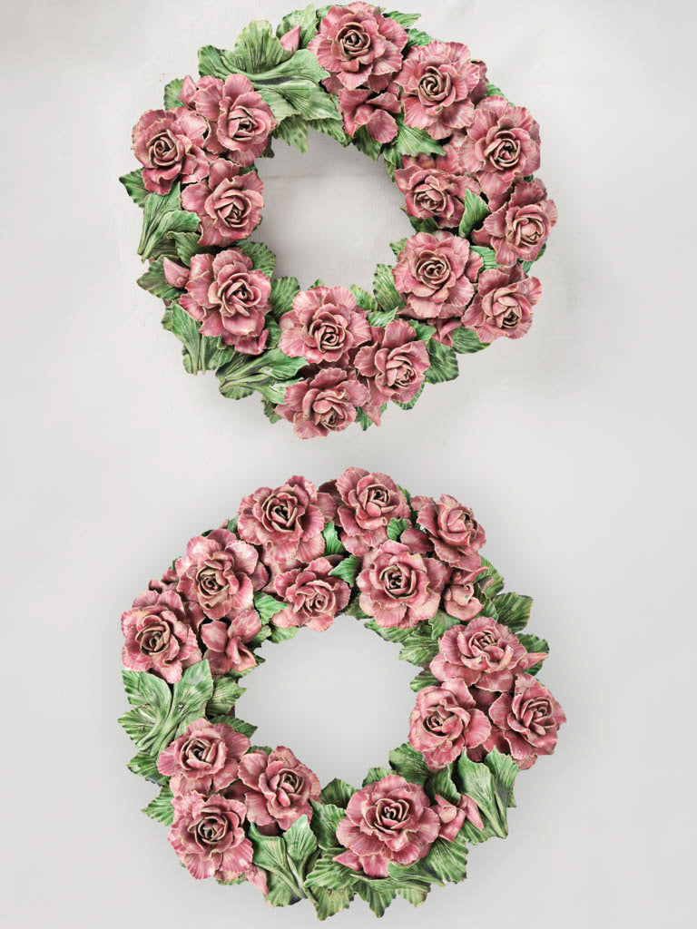 Pretty Pair of Antique Ceramic Rose Wreaths, Pink - 18½"