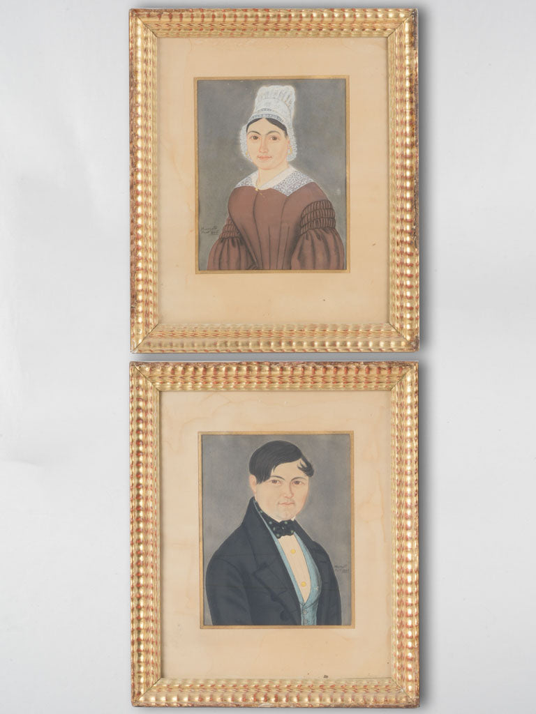 Antique signed Manzetti gouache portraits