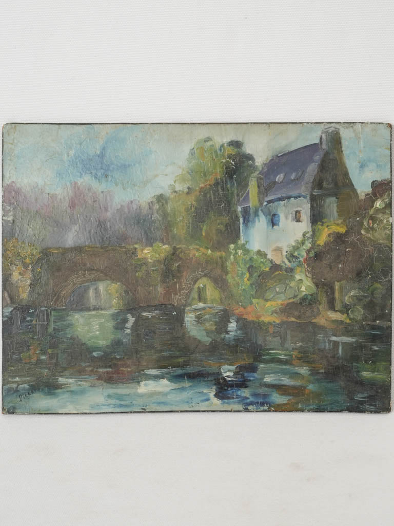 Vintage French landscape painting serene riverside